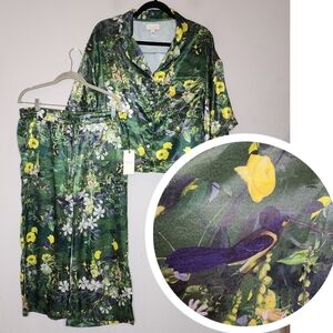 NWT‎ Ted Baker Satin 2 Piece Pajama Set Boxy Green Botanical Birds Size Large